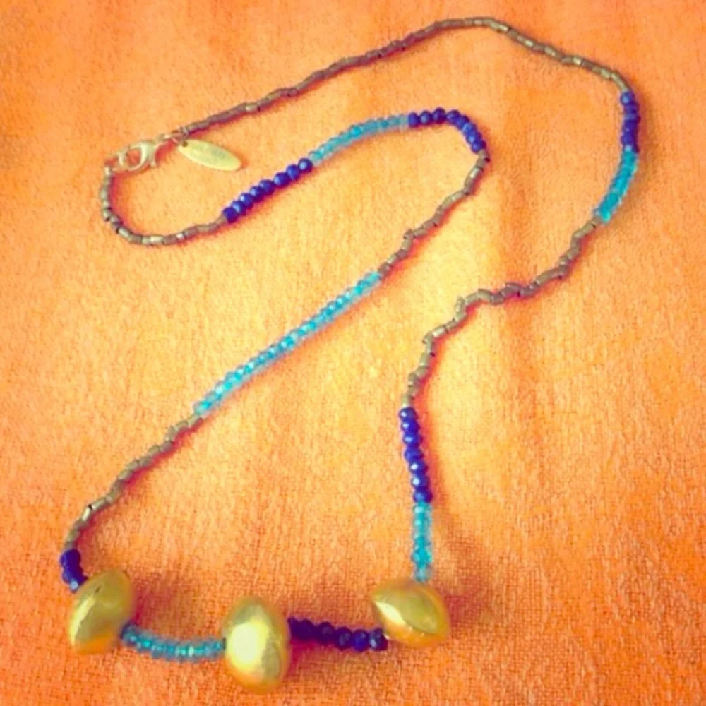 WENDY MINK Boho Lapis & Gold Drum Necklace